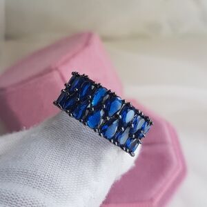 Swarovski Elements Black Finish Royal Blue Teardrop Eternity Band Ring NEW